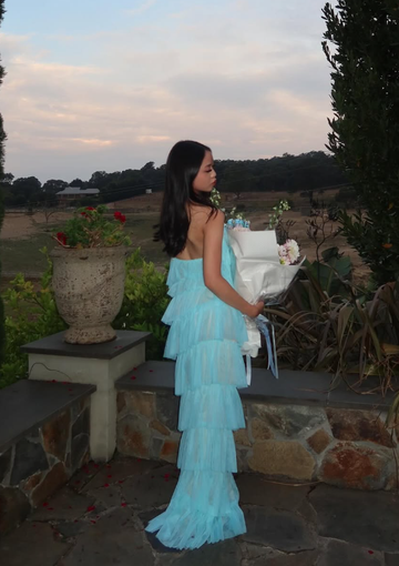 Blue Sheath Halter Layered Tulle Long Prom Dress Evening Dress HZ1023